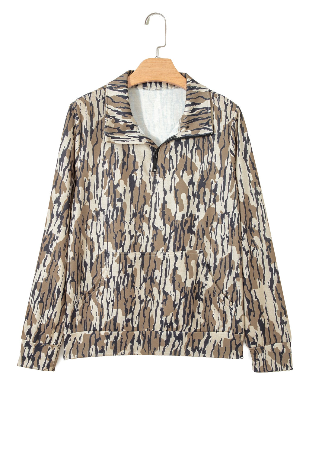 Camo Zipped Collar Kangaroo Pocket Sweatshirt