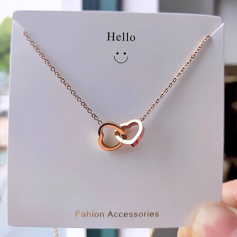 18K Gold Style Heart Double Ring Necklace for Women