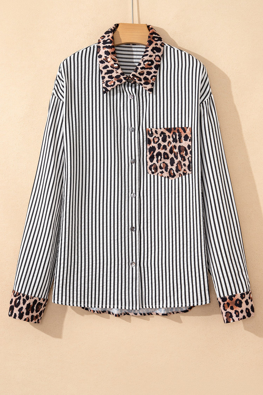 Stripe Leopard Patchwork Long Sleeve Buttoned Shirt
