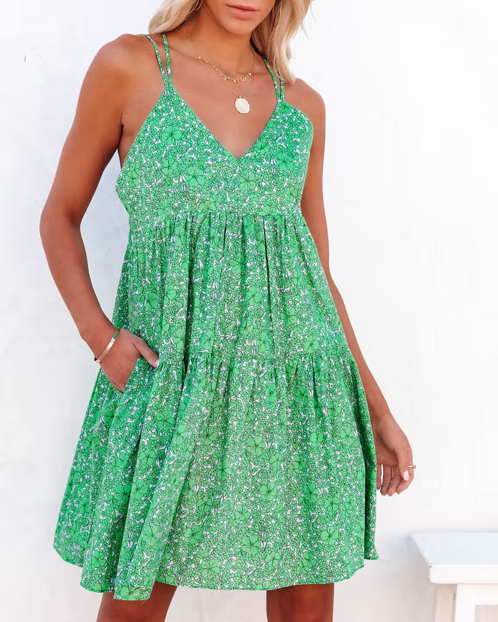 Women's Floral Print Criss Cross Strap V Neck Dress