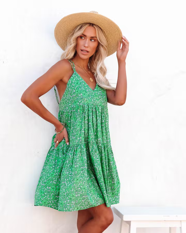 Women's Floral Print Criss Cross Strap V Neck Dress