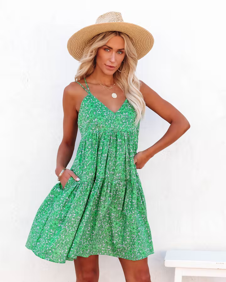 Women's Floral Print Criss Cross Strap V Neck Dress