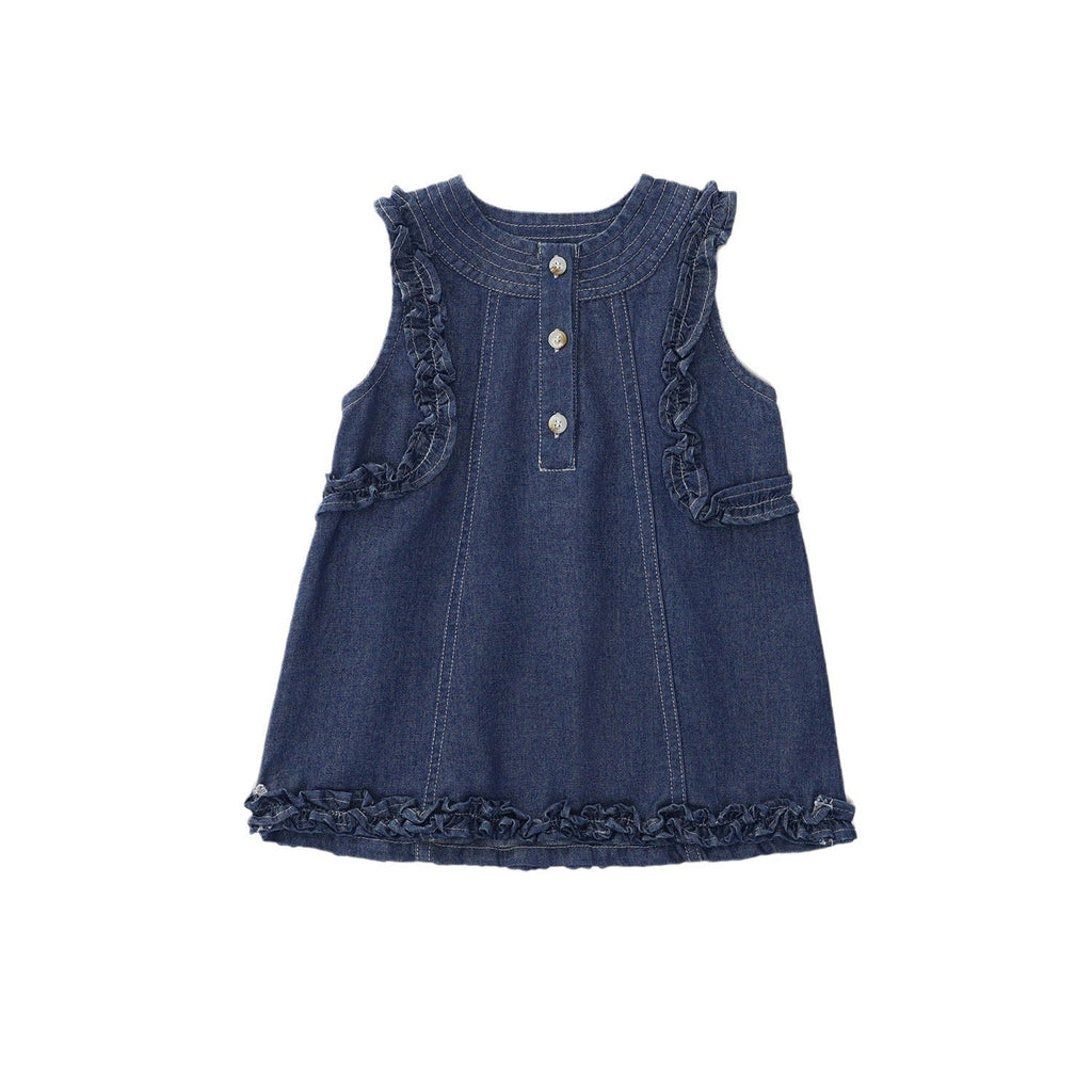 Frilly Sleeveless Denim Dress For Girls