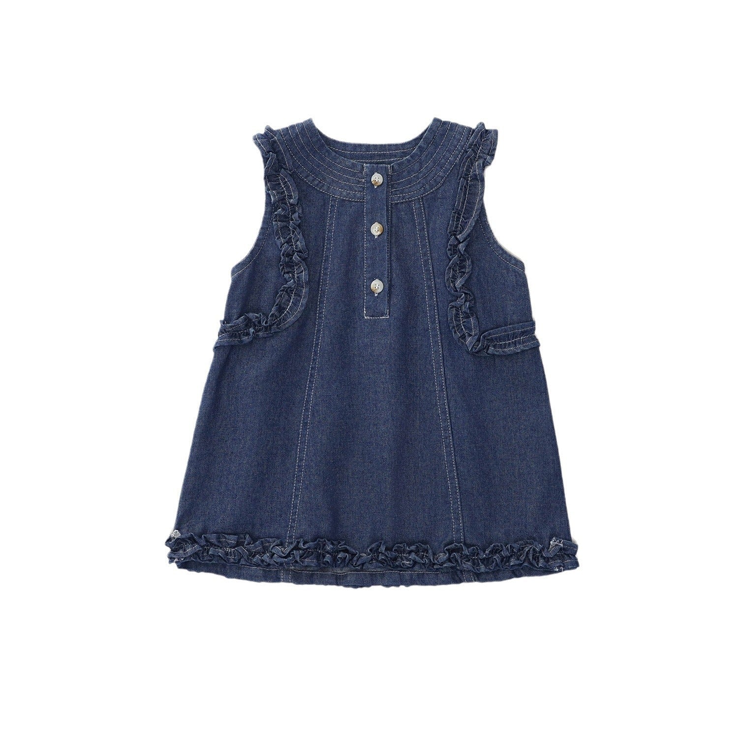 Frilly Sleeveless Denim Dress For Girls