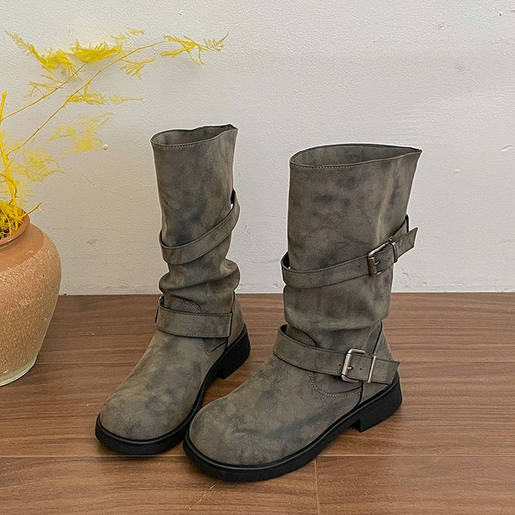 Distressed Slouchy Mid-Calf Boots | Buckle Strap