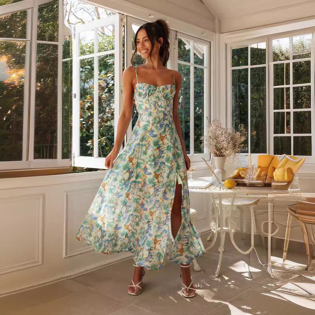 Summer  Printed Hem Slit Backless Maxi Dress