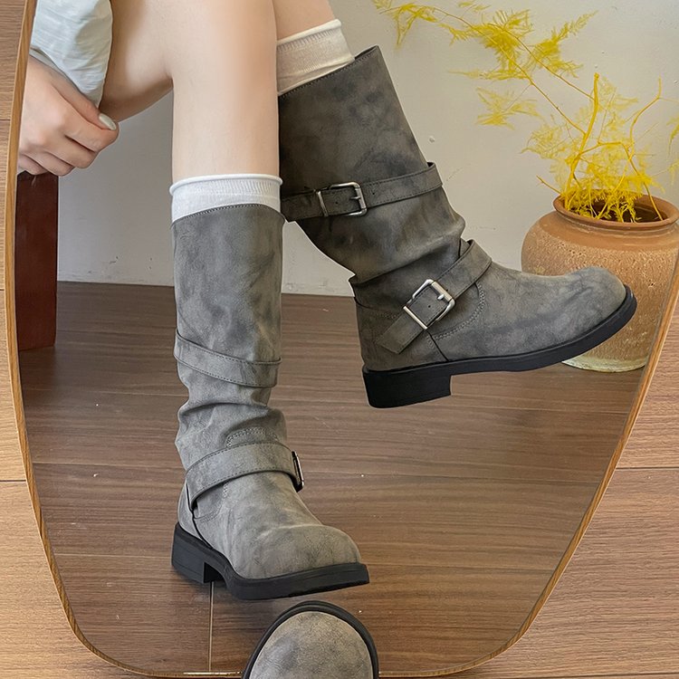 Distressed Slouchy Mid-Calf Boots | Buckle Strap