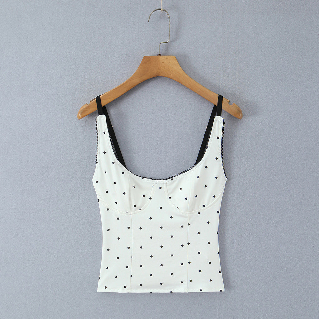 Lace Stitching Sexy Square Collar Polka Dot Spaghetti Strap Camisole Top