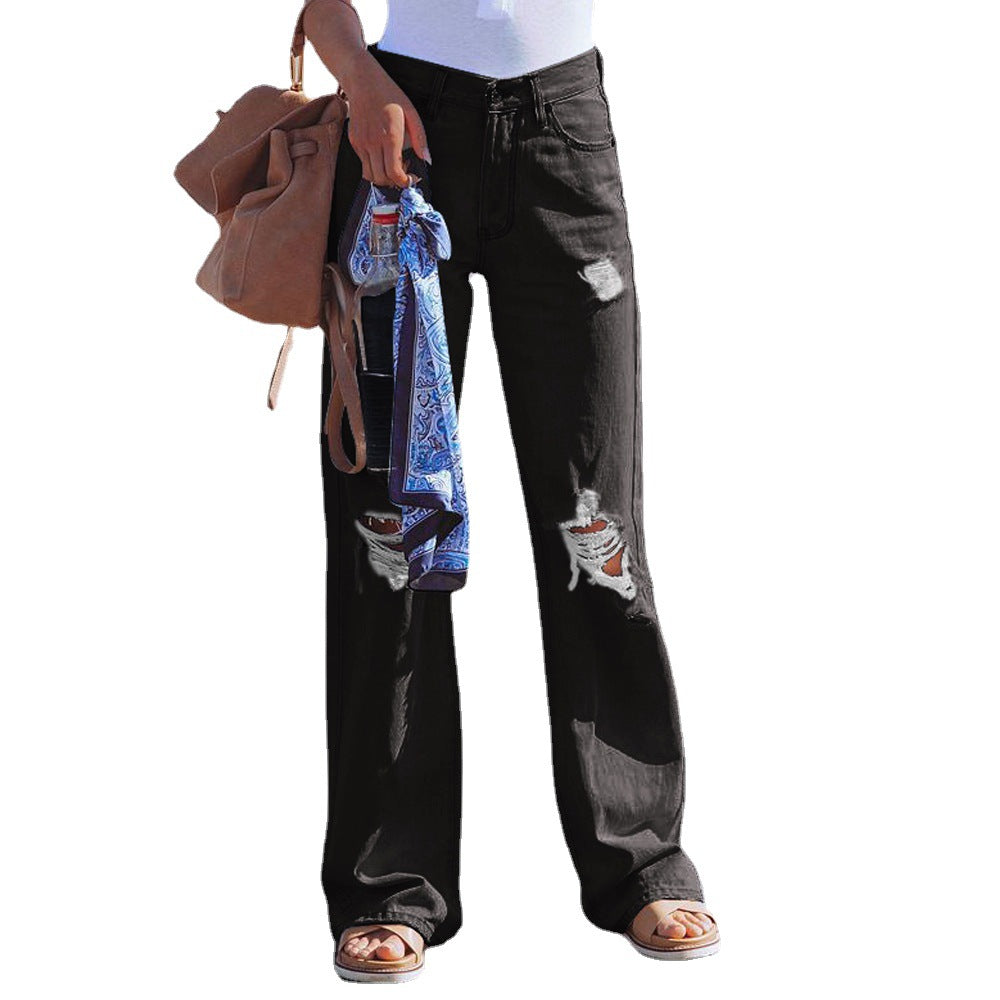 Water Washed Hole High Waist Wide-leg Jeans