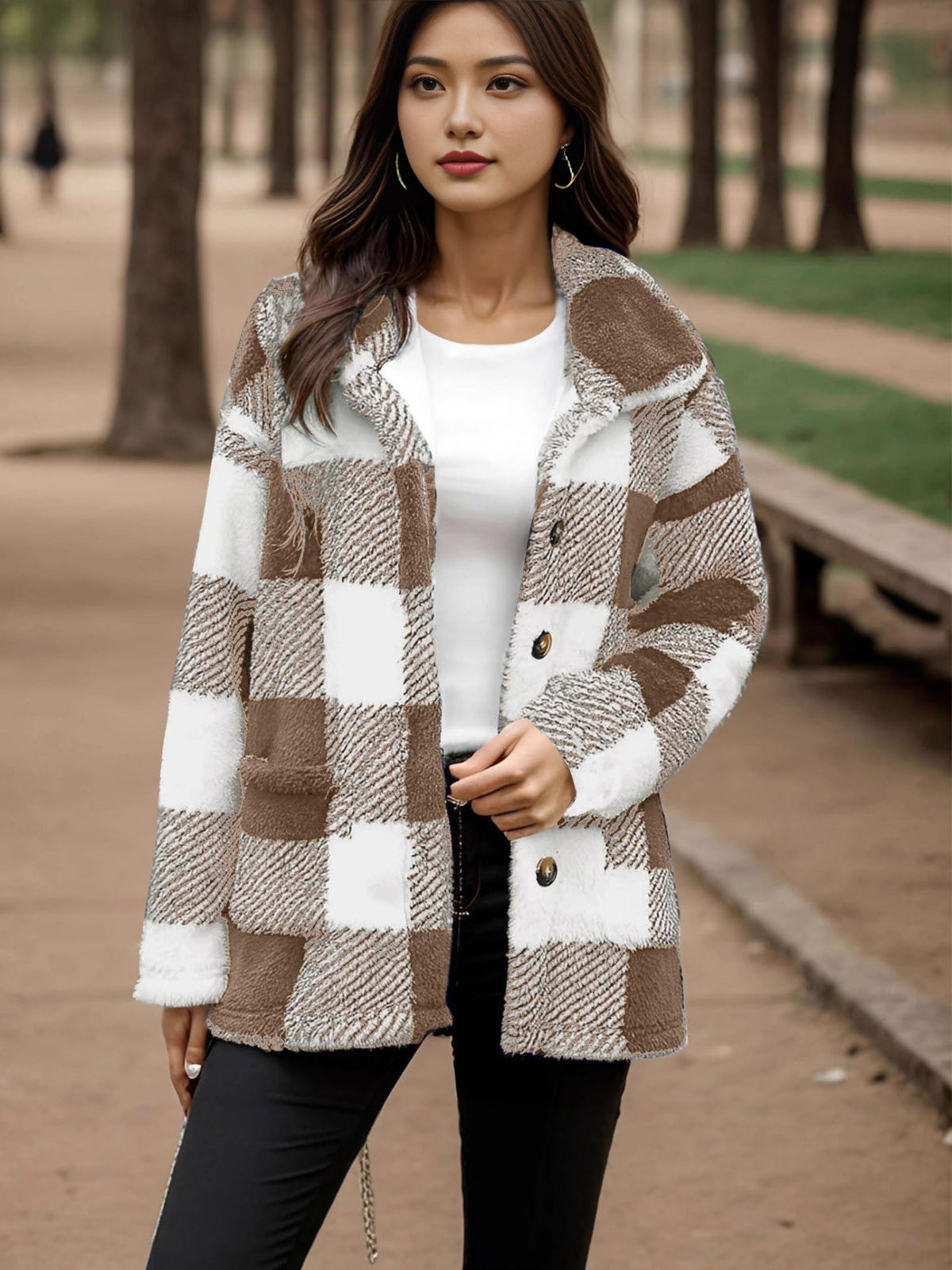 Women's Plaid Button-Front Coat with Pockets