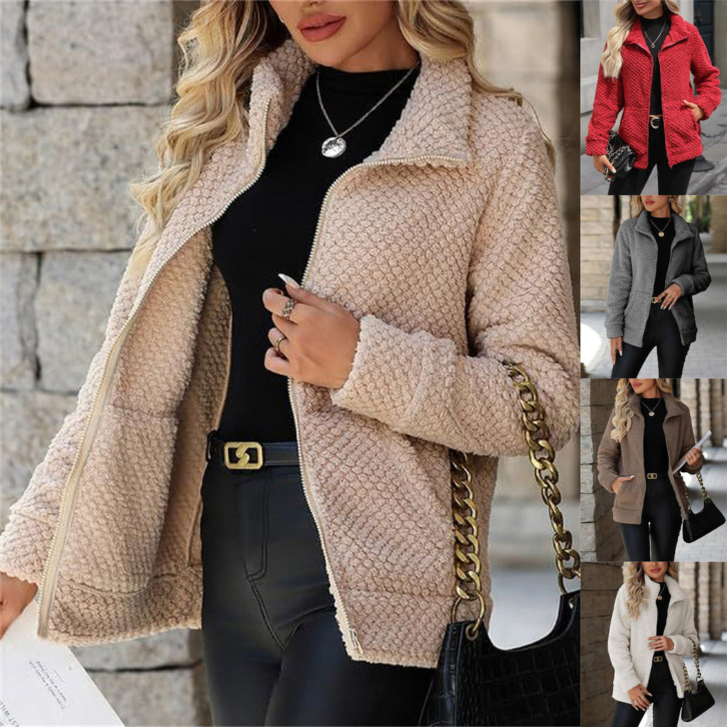 Women's Fleece-Lined Zip-Up Jacket with Pocket and Lapel