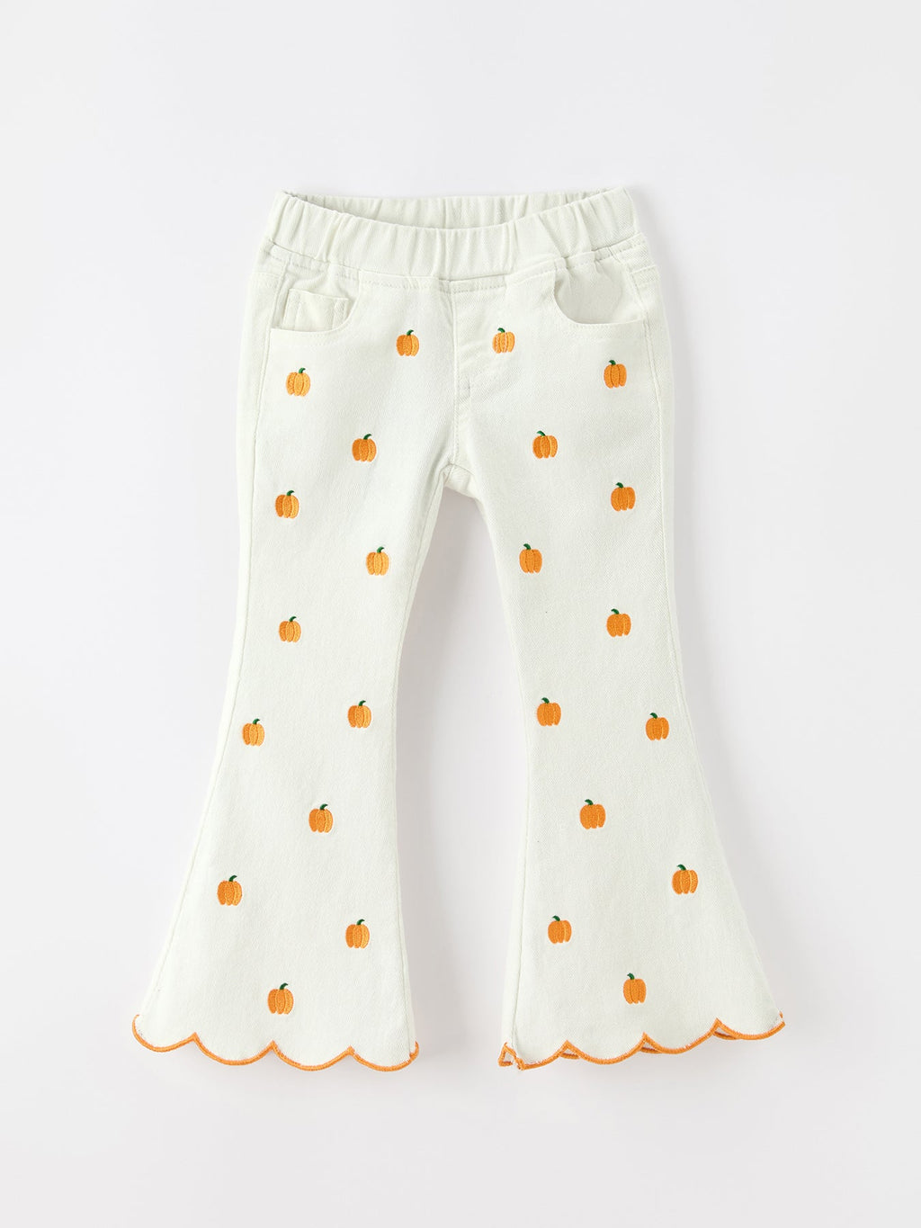 Girls Pumpkin Embroidered Wide-Leg Pants Scallop Hem Casual Pants