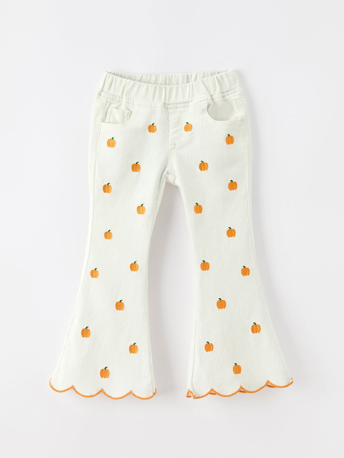 Girls Pumpkin Embroidered Wide-Leg Pants Scallop Hem Casual Pants