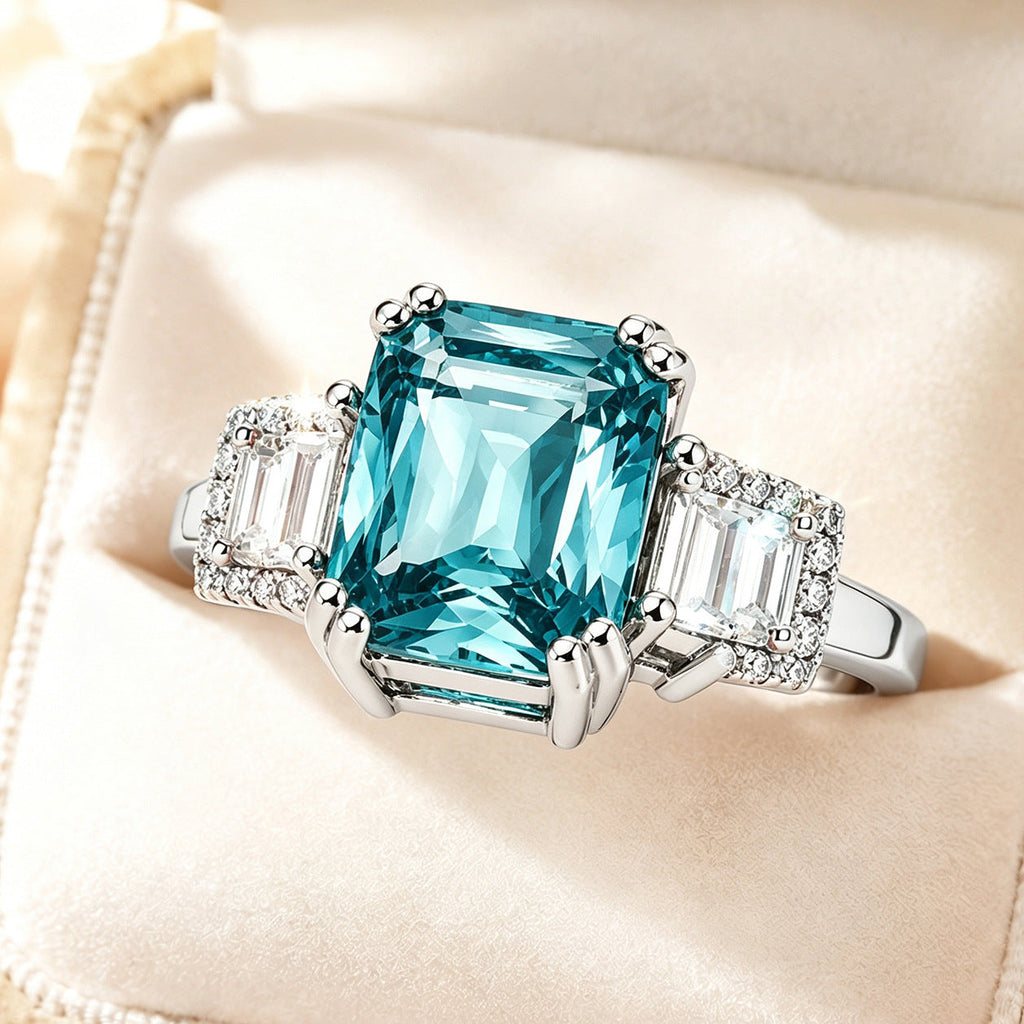Copper Inlaid Simulated Sea Blue Zircon Ring for Women