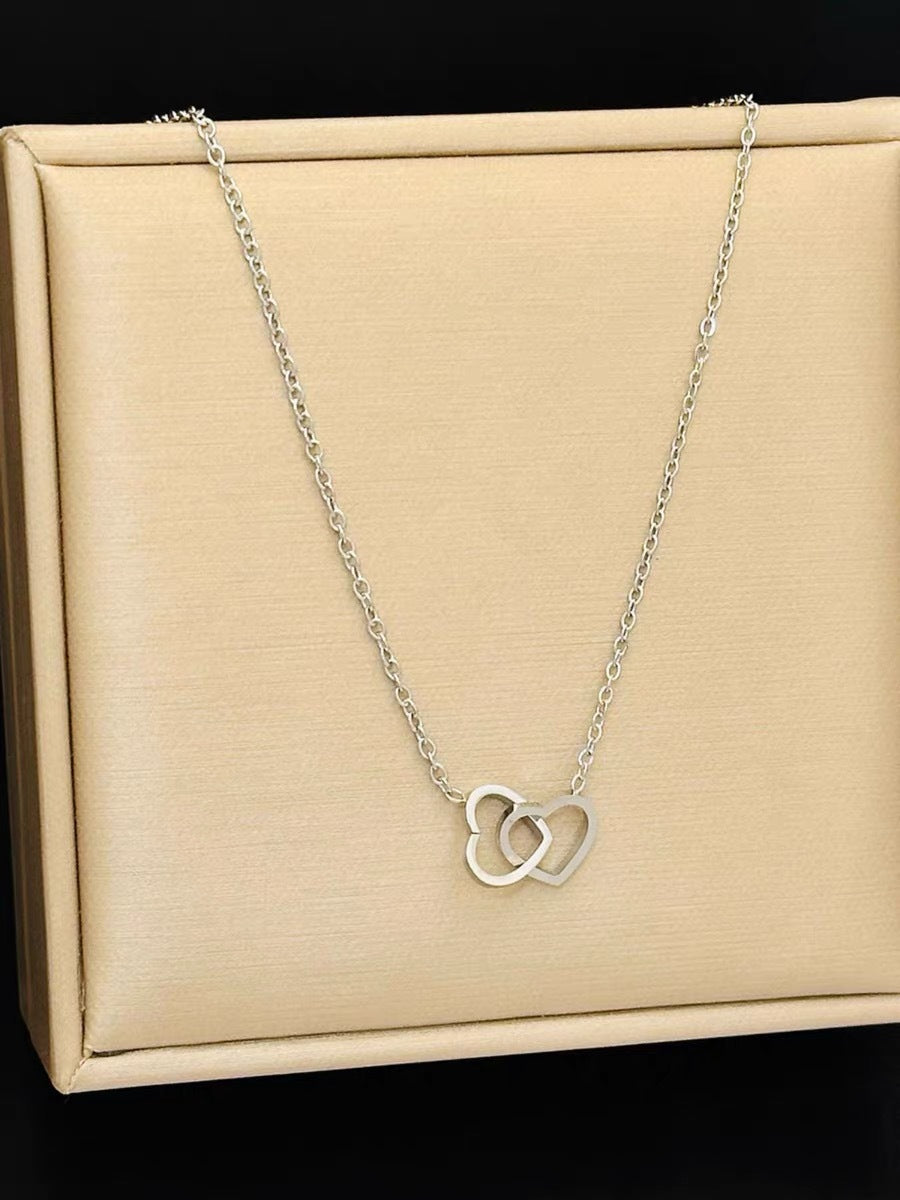 18K Gold Style Heart Double Ring Necklace for Women