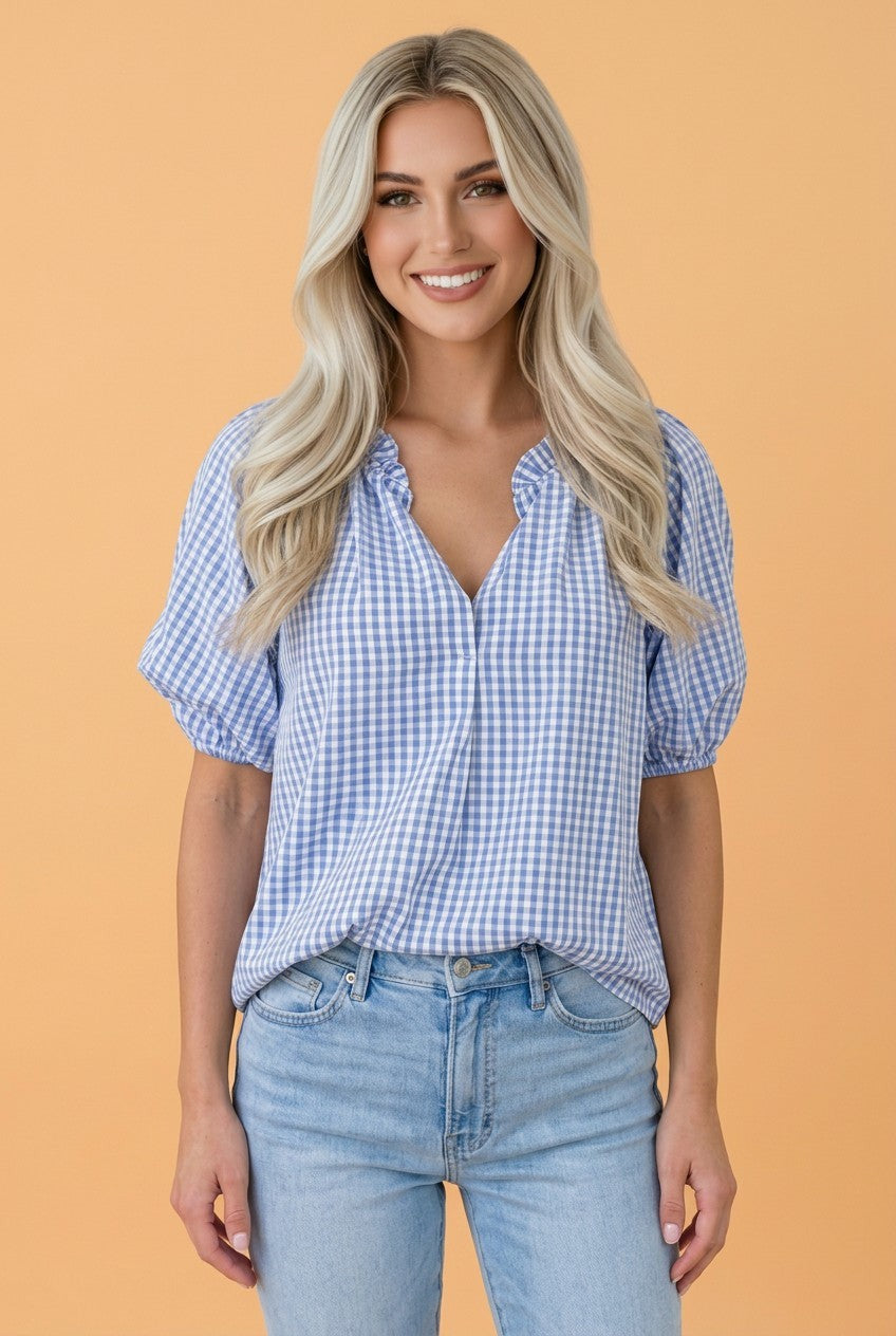 Plaid V-Neck Puff Sleeve Blouse