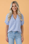 Plaid V-Neck Puff Sleeve Blouse