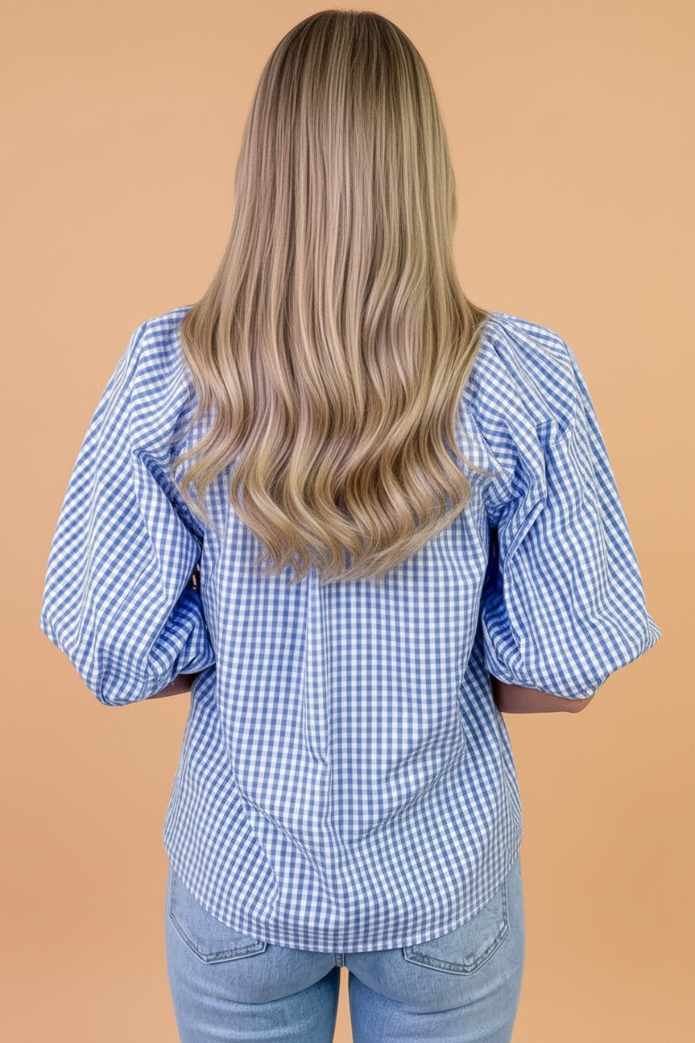 Plaid V-Neck Puff Sleeve Blouse