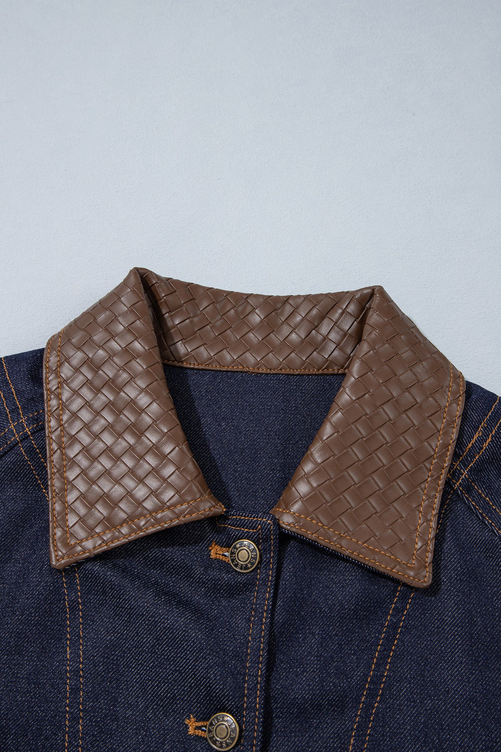 Faux Leather Collar Buttoned Denim Jacket