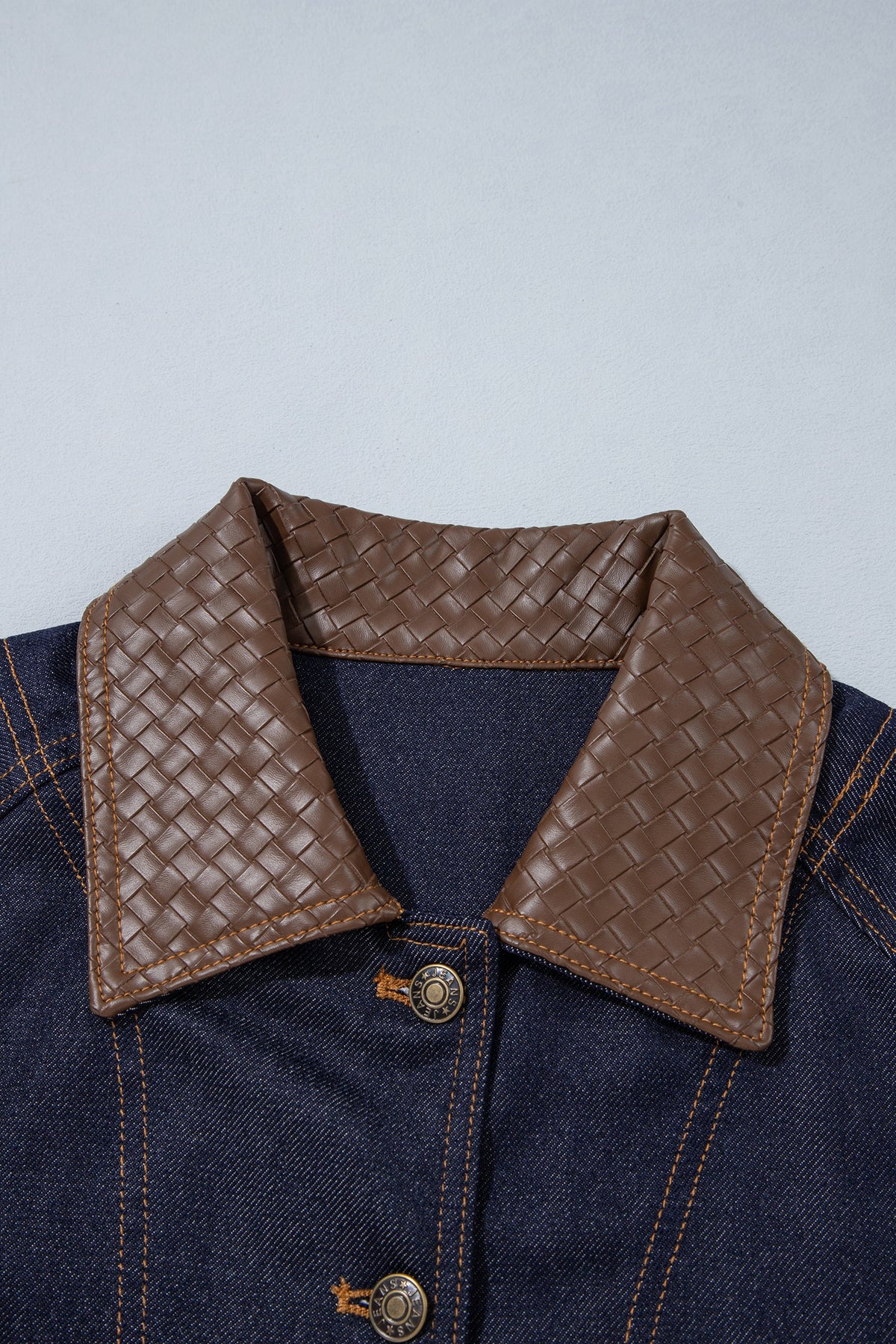 Faux Leather Collar Buttoned Denim Jacket
