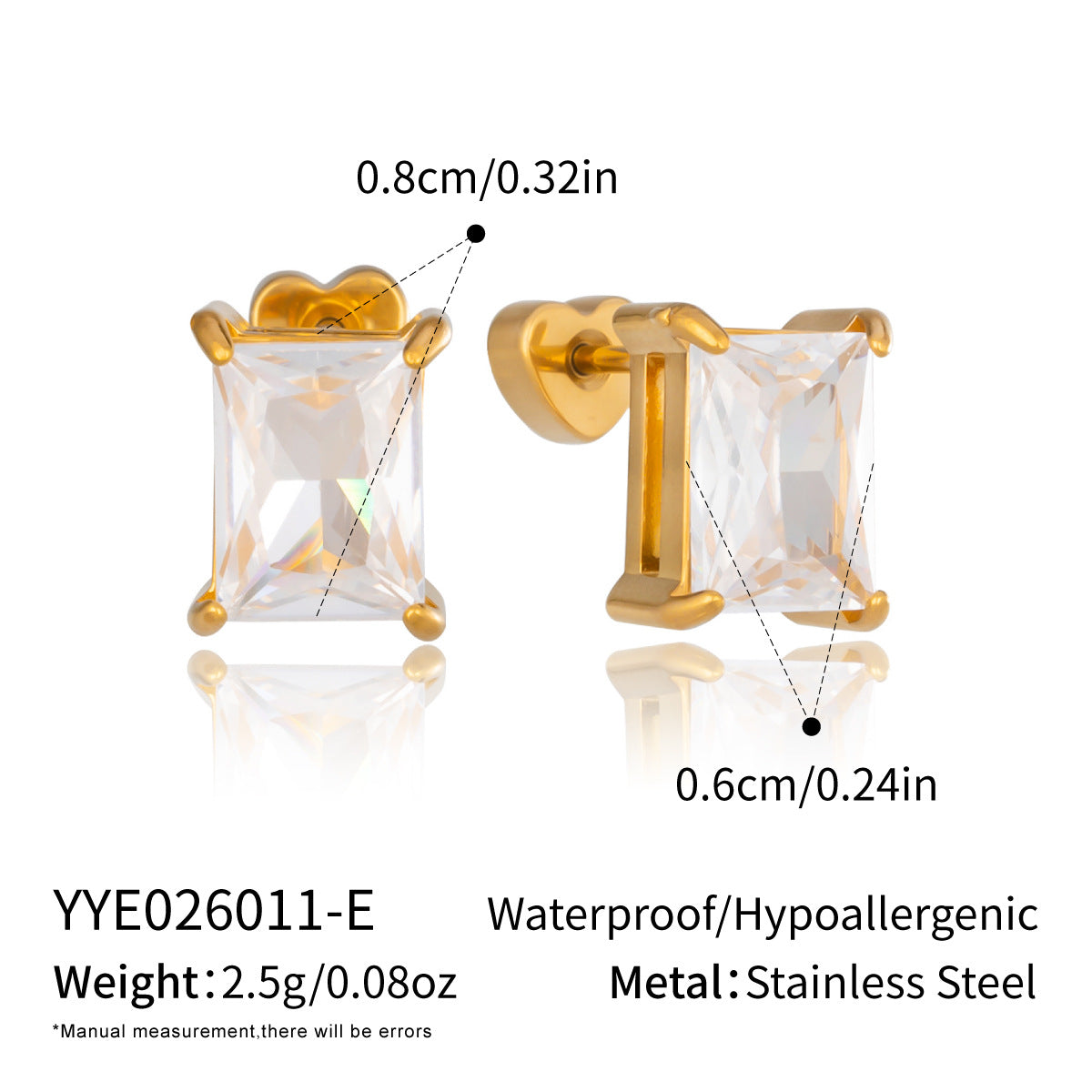 Stainless Steel 18k Gold Stud Earrings With Zircon Inlays For Women