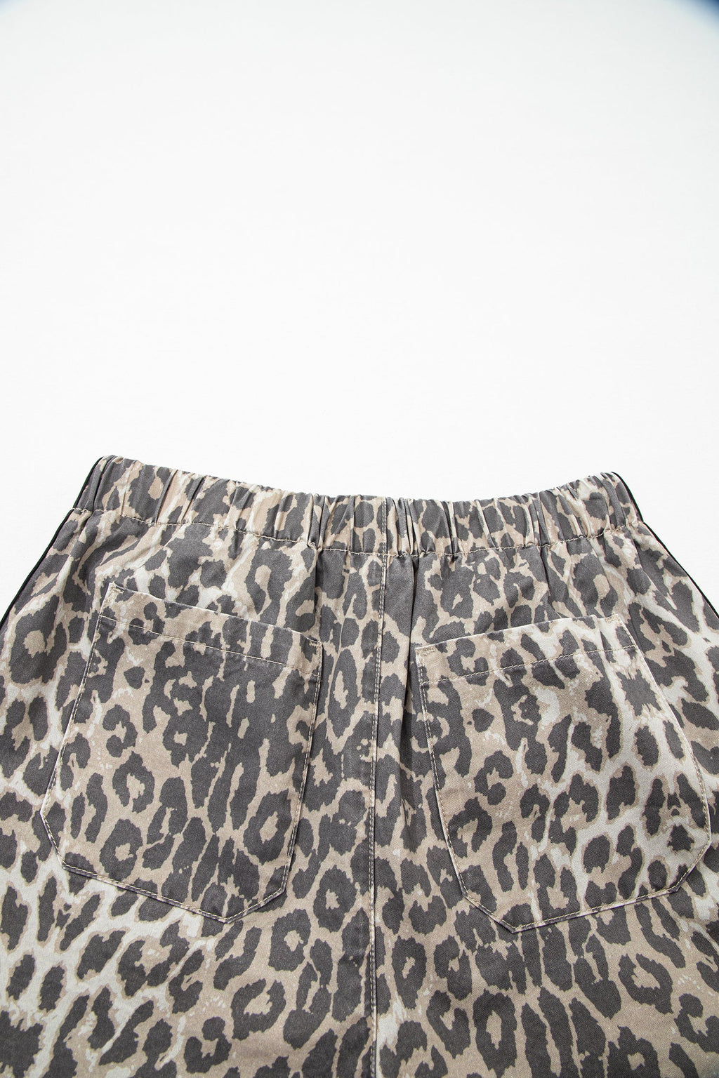Leopard Stripe Detail Drawstring Denim Shorts