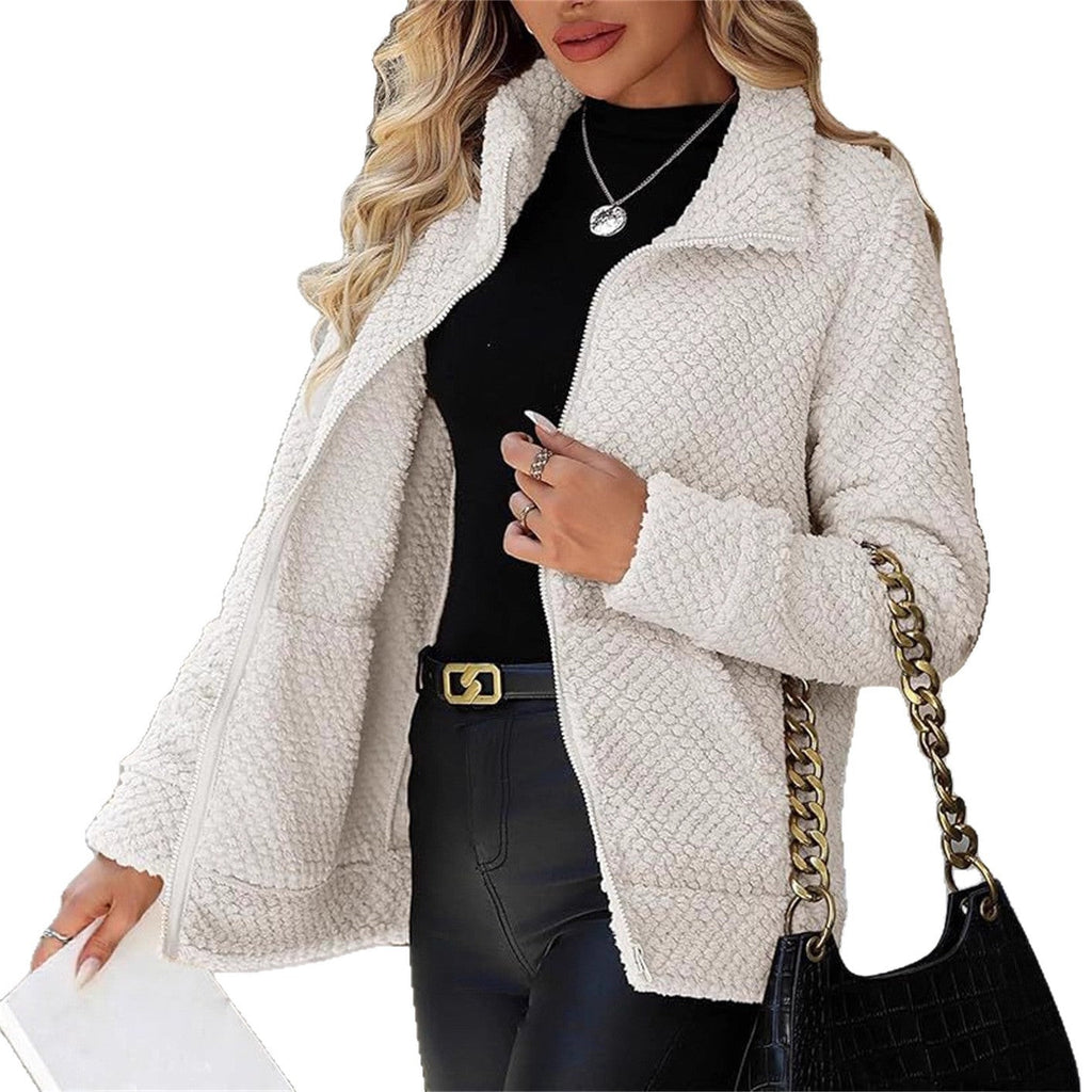 Women's Fleece-Lined Zip-Up Jacket with Pocket and Lapel