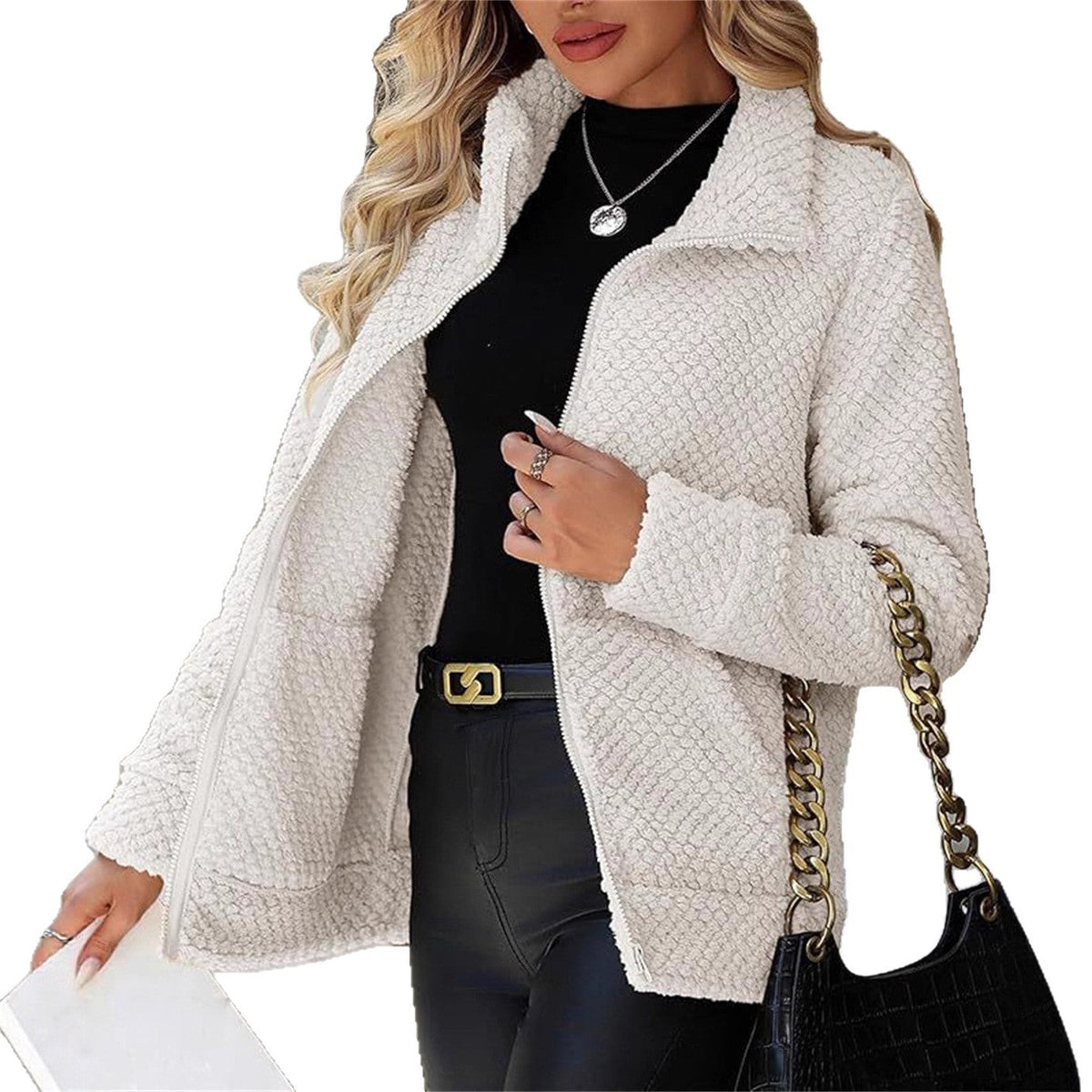 Women's Fleece-Lined Zip-Up Jacket with Pocket and Lapel