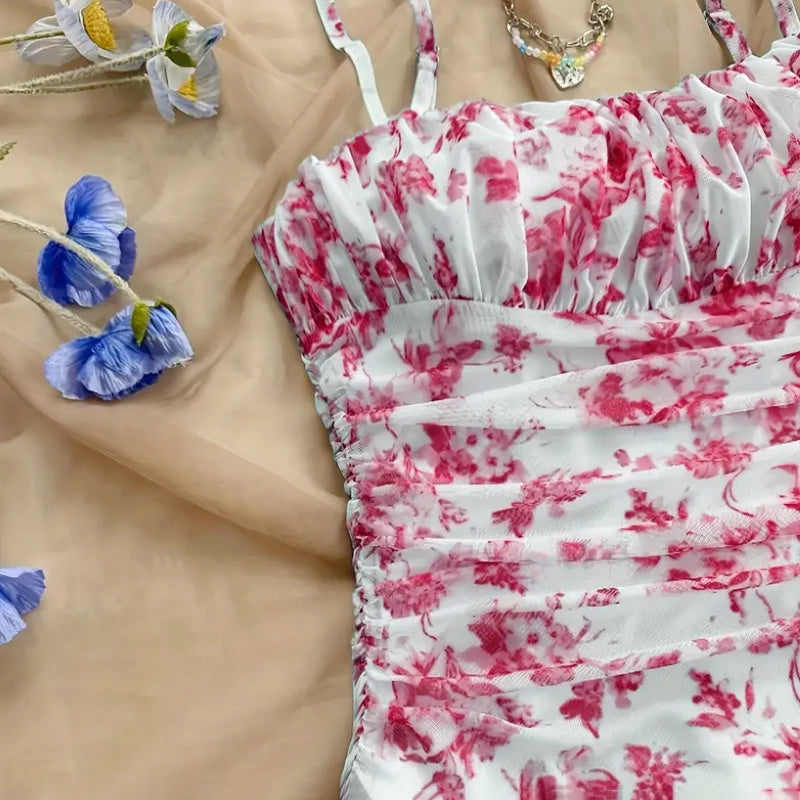 Boho Floral Spaghetti Strap Mini Dress – Ruche Ruffle Hem