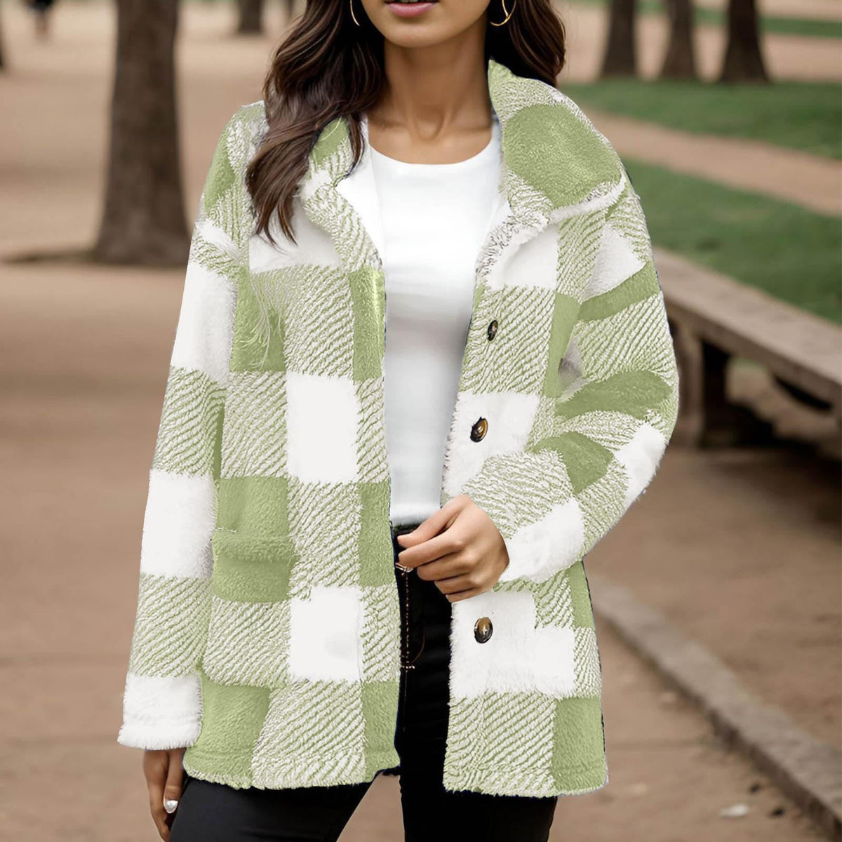 Women's Plaid Button-Front Coat with Pockets