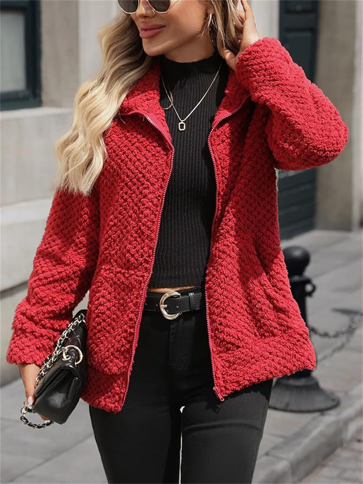 Women's Fleece-Lined Zip-Up Jacket with Pocket and Lapel