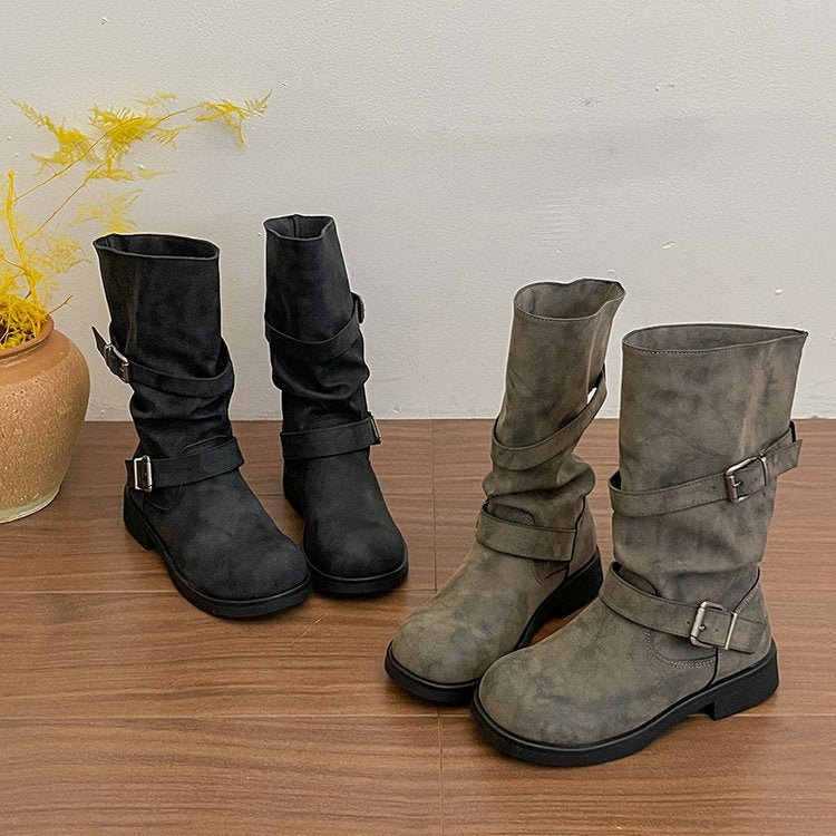 Distressed Slouchy Mid-Calf Boots | Buckle Strap