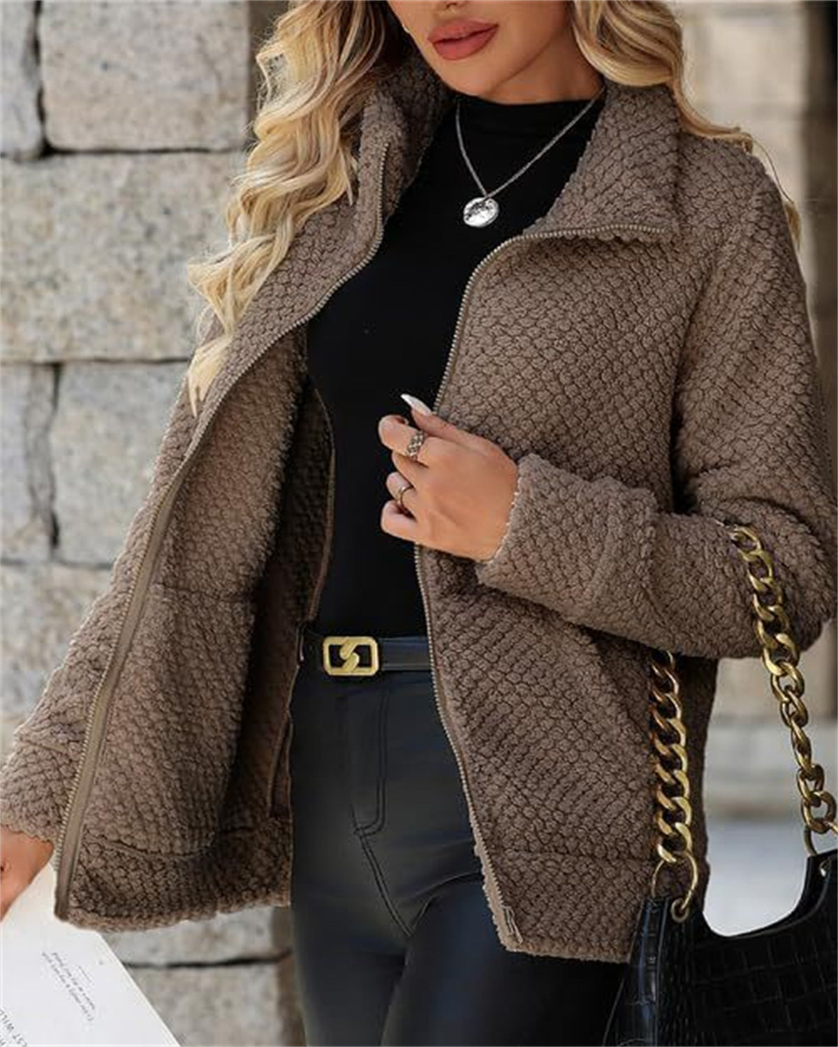 Women's Fleece-Lined Zip-Up Jacket with Pocket and Lapel