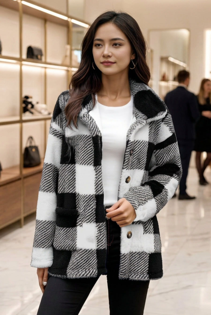 Women's Plaid Button-Front Coat with Pockets