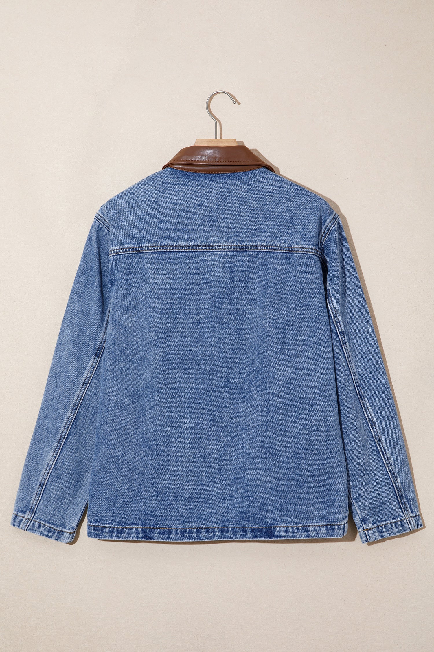 Denim Leather Collar Pocketed Button Front Jacket