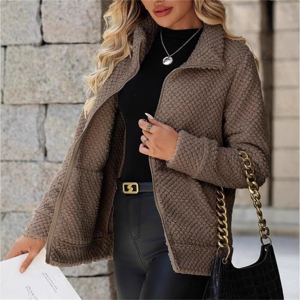 Women's Fleece-Lined Zip-Up Jacket with Pocket and Lapel