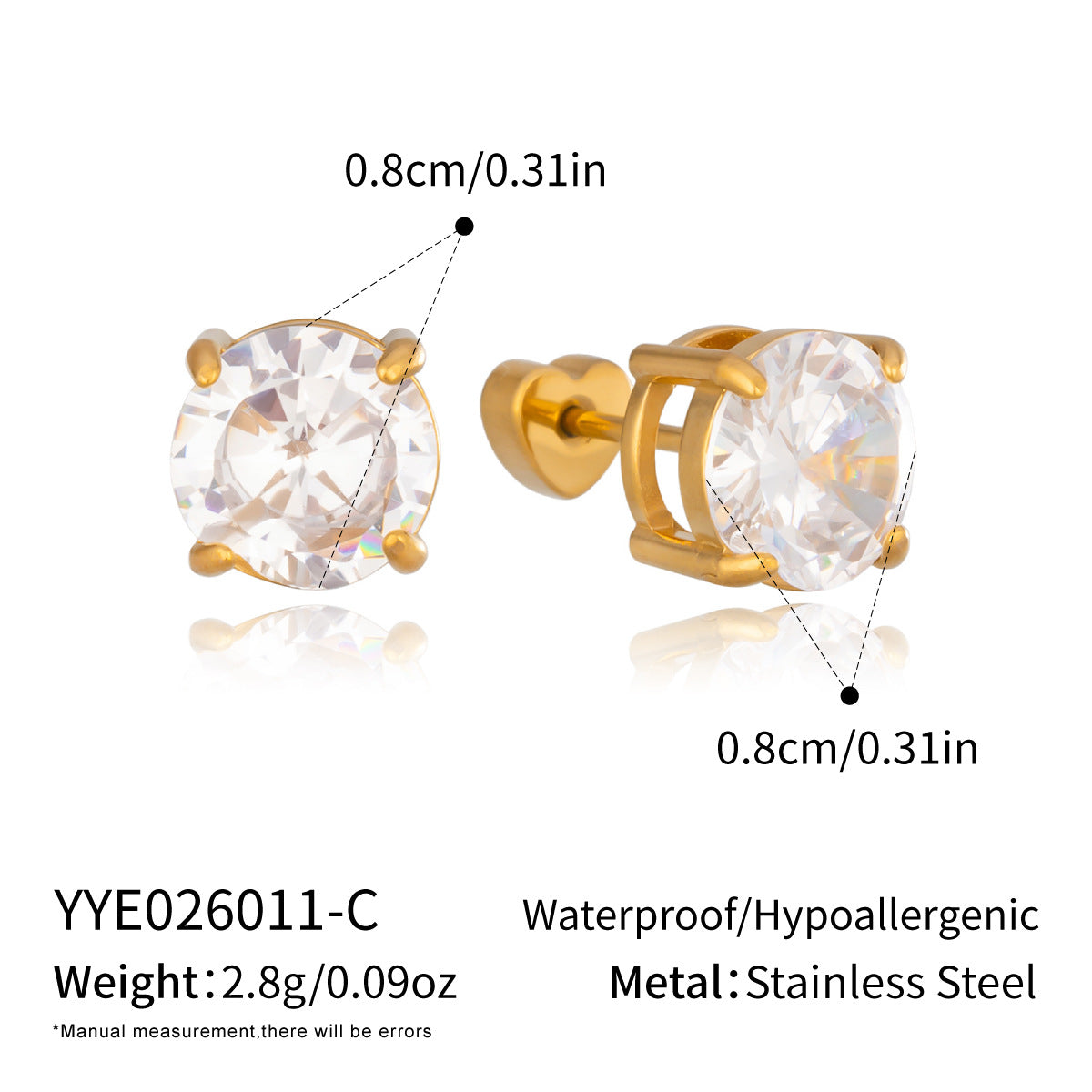 Stainless Steel 18k Gold Stud Earrings With Zircon Inlays For Women