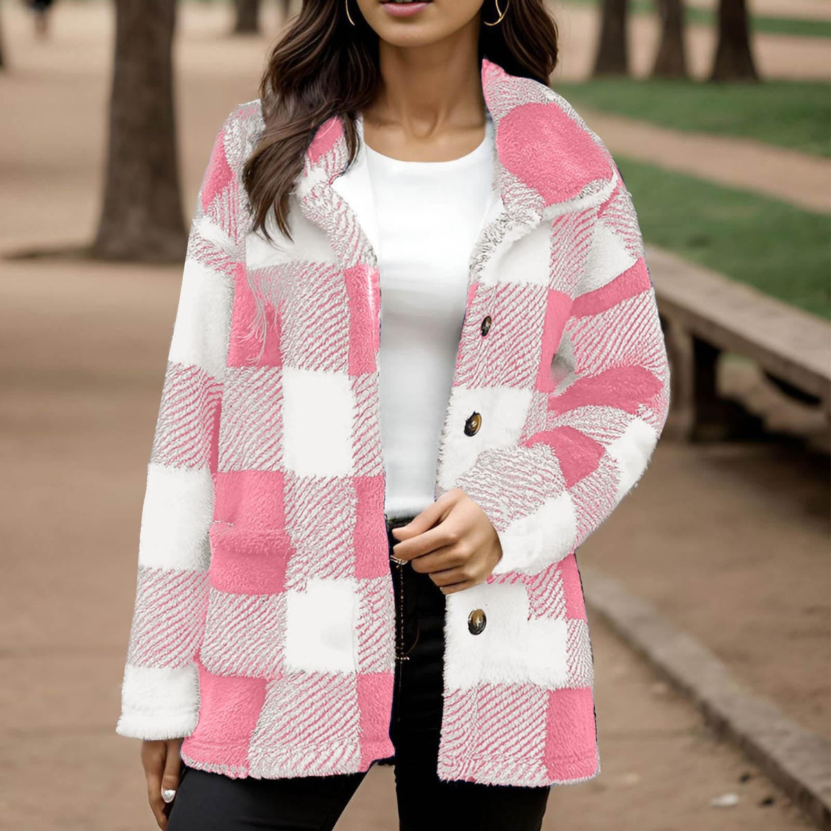 Women's Plaid Button-Front Coat with Pockets