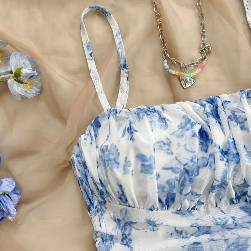 Boho Floral Spaghetti Strap Mini Dress – Ruche Ruffle Hem