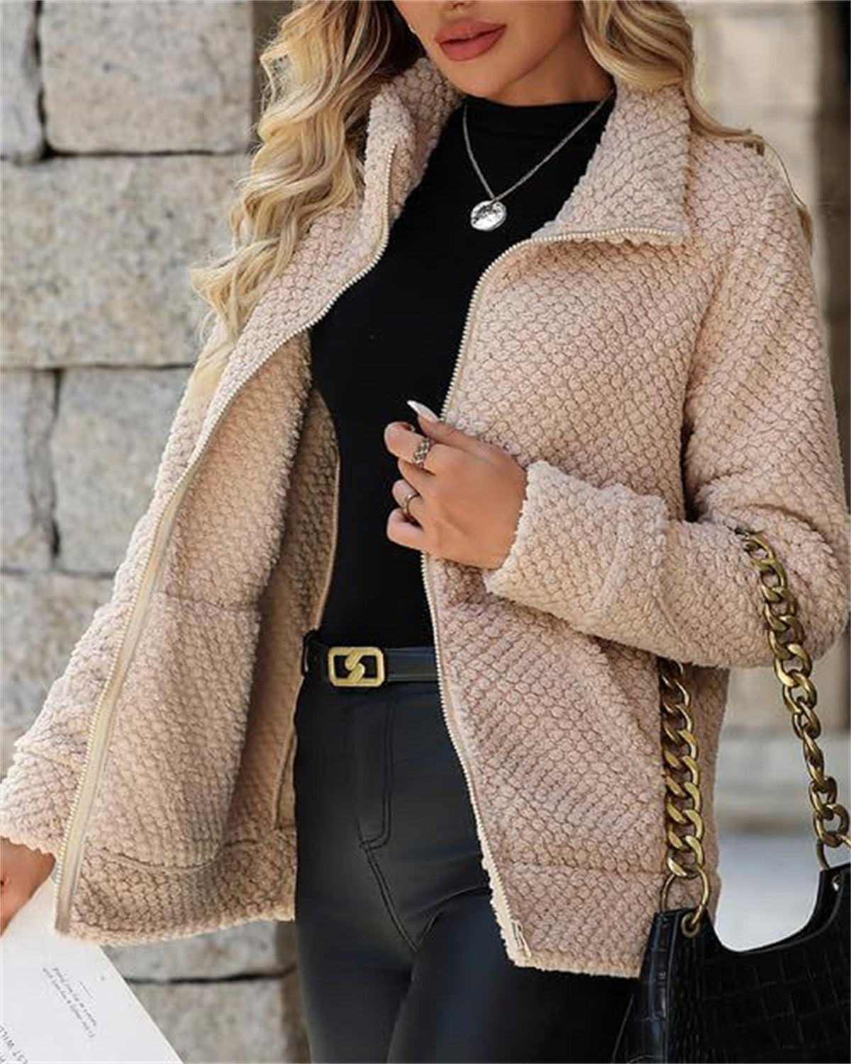 Women's Fleece-Lined Zip-Up Jacket with Pocket and Lapel