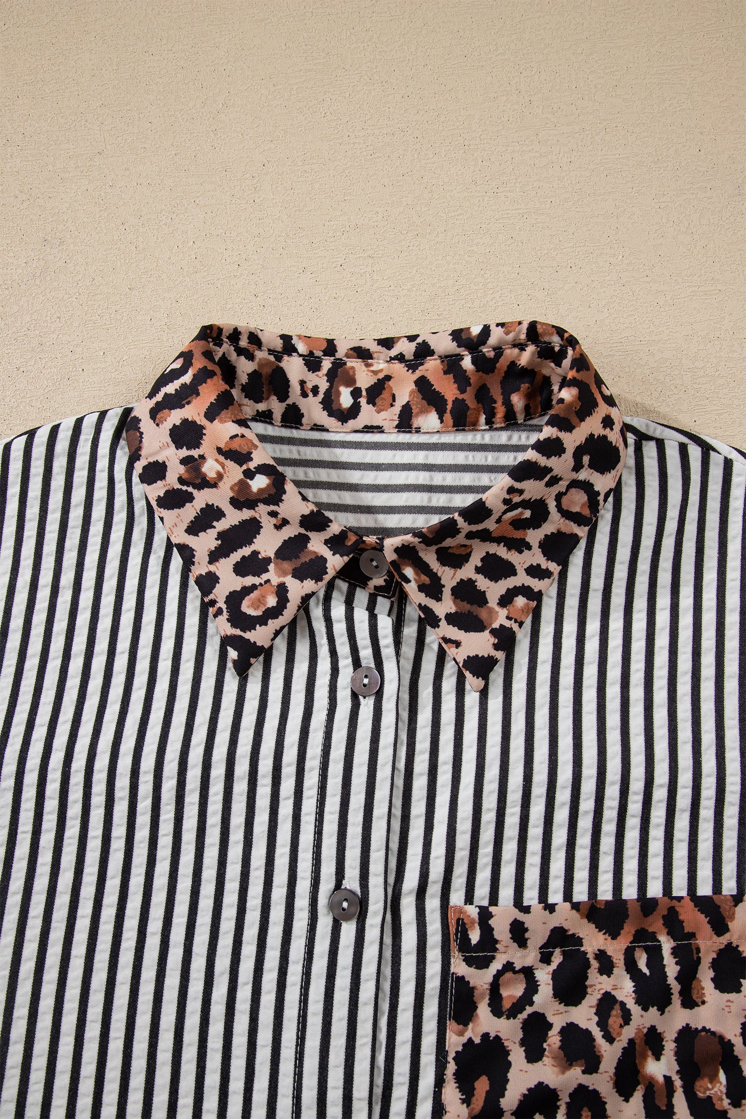 Stripe Leopard Patchwork Long Sleeve Buttoned Shirt