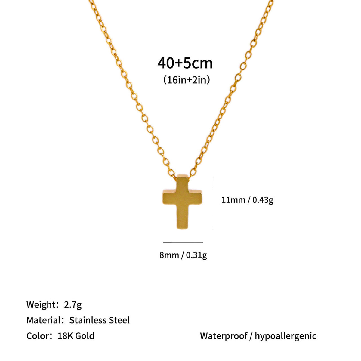 18K Gold Stainless Steel Clavicle Chain with Heart Pendant and Diamond-encrusted Cross