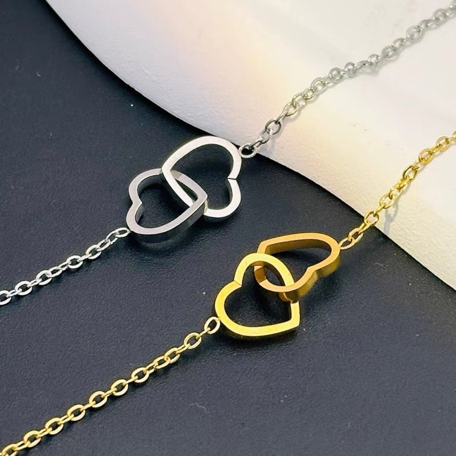 18K Gold Style Heart Double Ring Necklace for Women