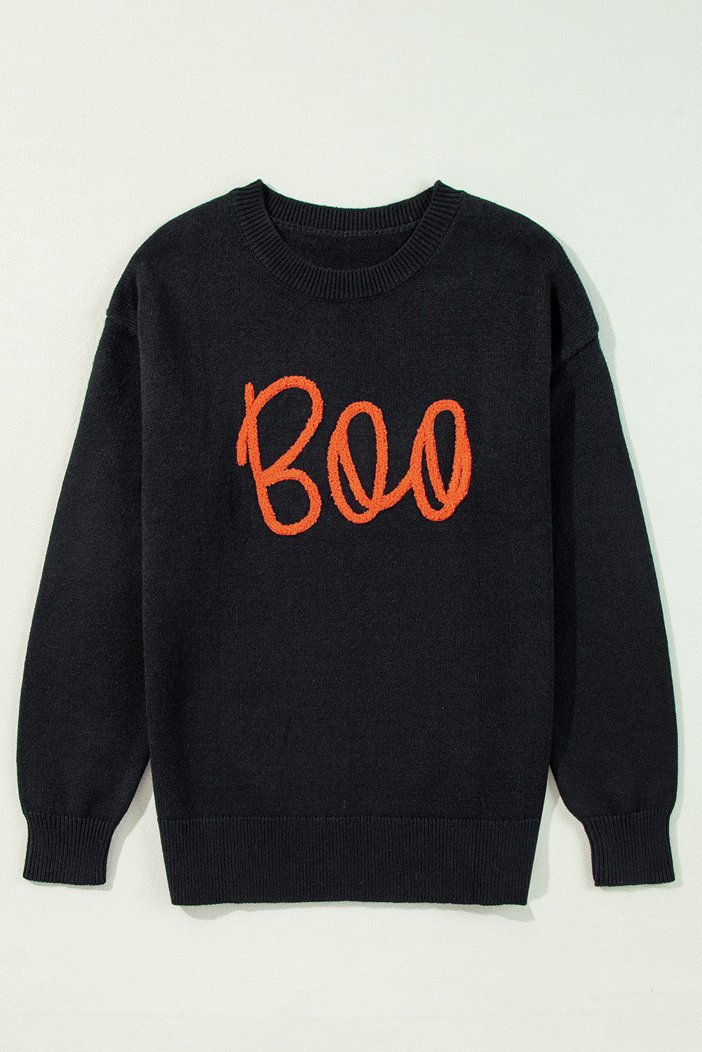 Halloween Boo Drop Shoulder Ribbed Trim Sweater