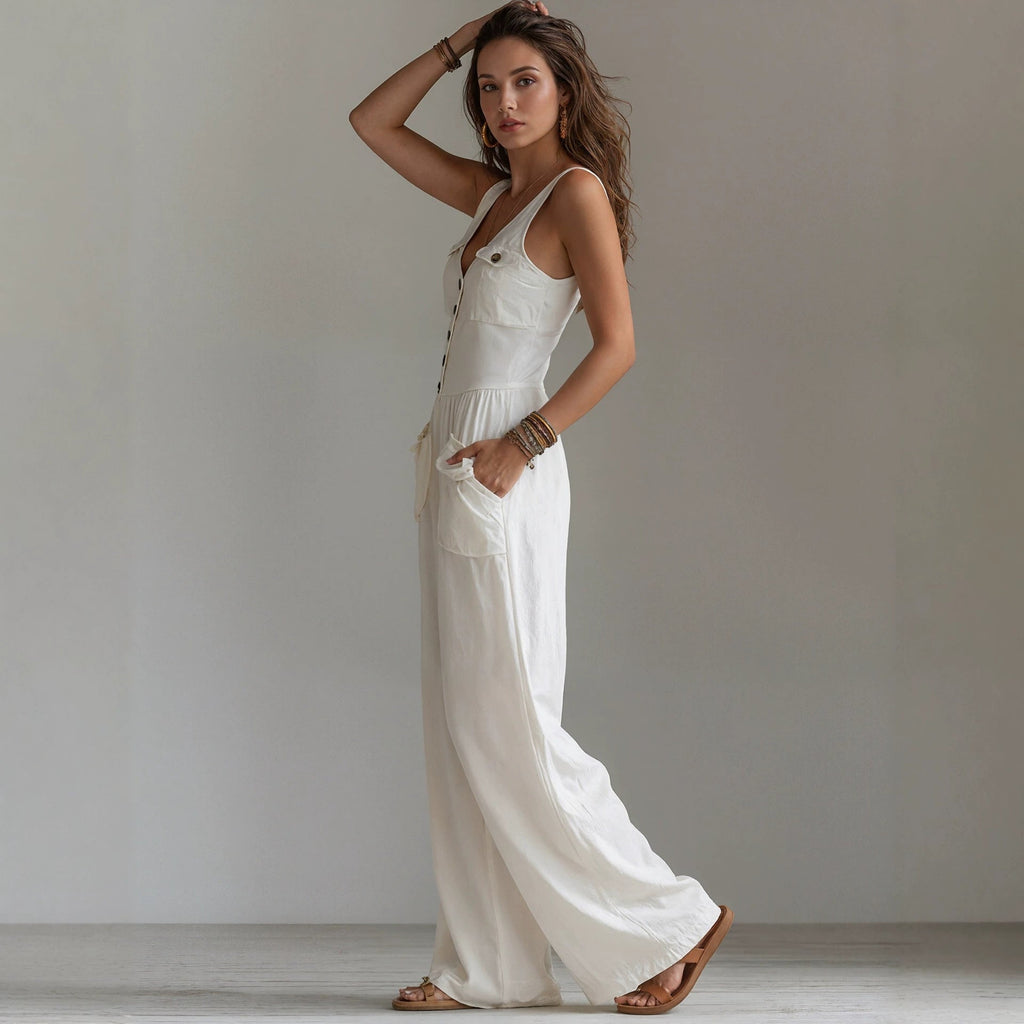 Women's Sleeveless V-Neck High Waist Jumpsuit with Pockets