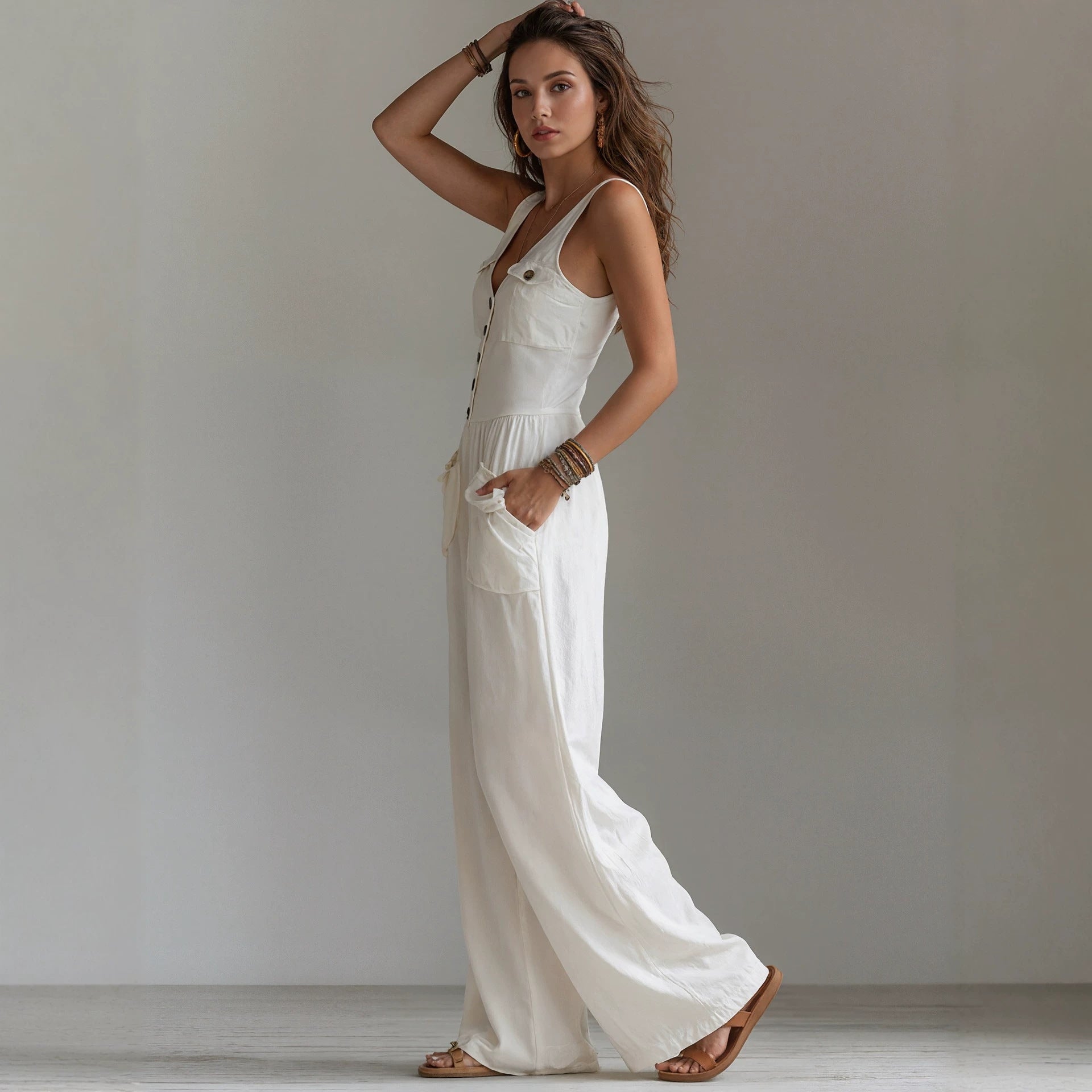 Women's Sleeveless V-Neck High Waist Jumpsuit with Pockets