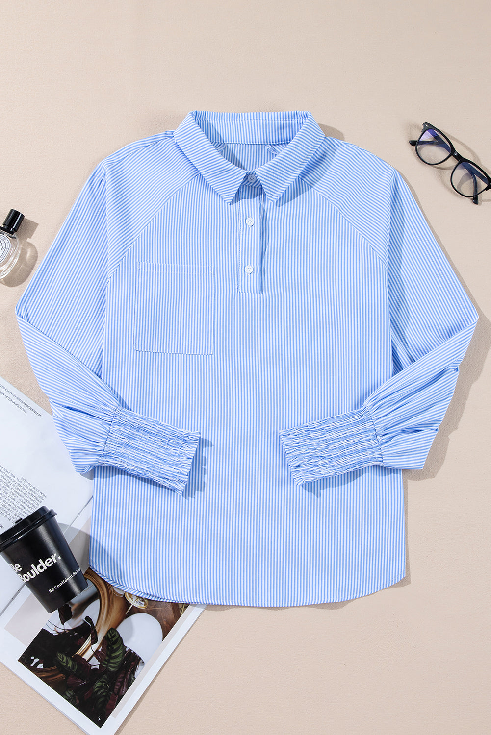 Stripe Buttoned Collar Long Sleeve Blouse