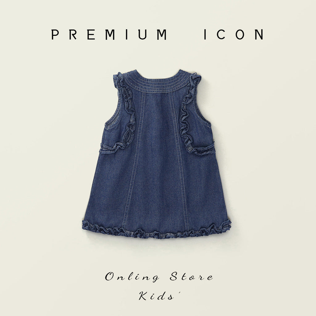 Frilly Sleeveless Denim Dress For Girls