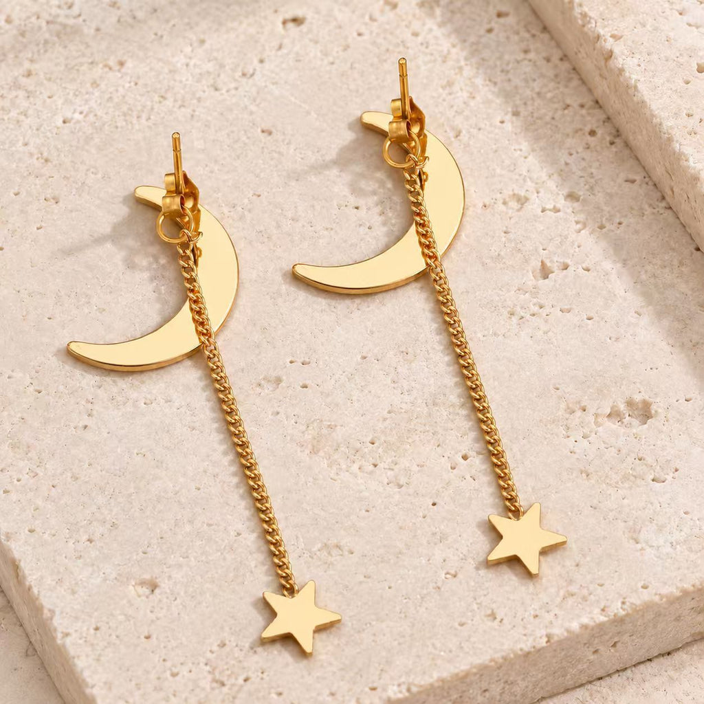Stainless Steel Tassel Earrings for Women, Star Moon Stud Earrings