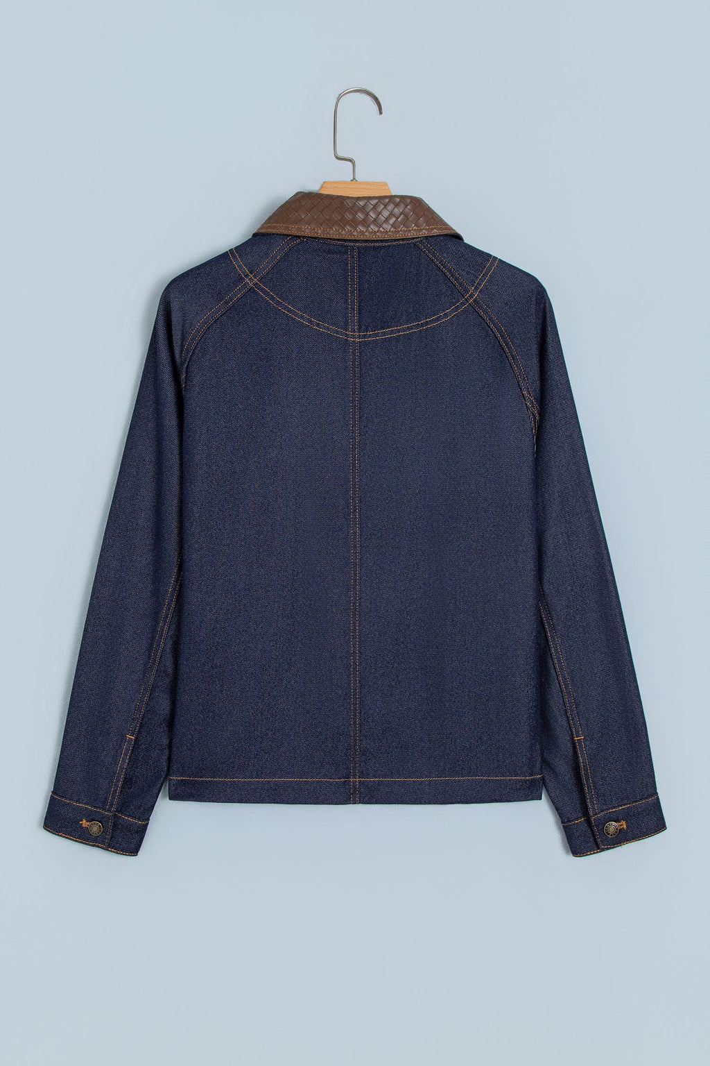 Faux Leather Collar Buttoned Denim Jacket